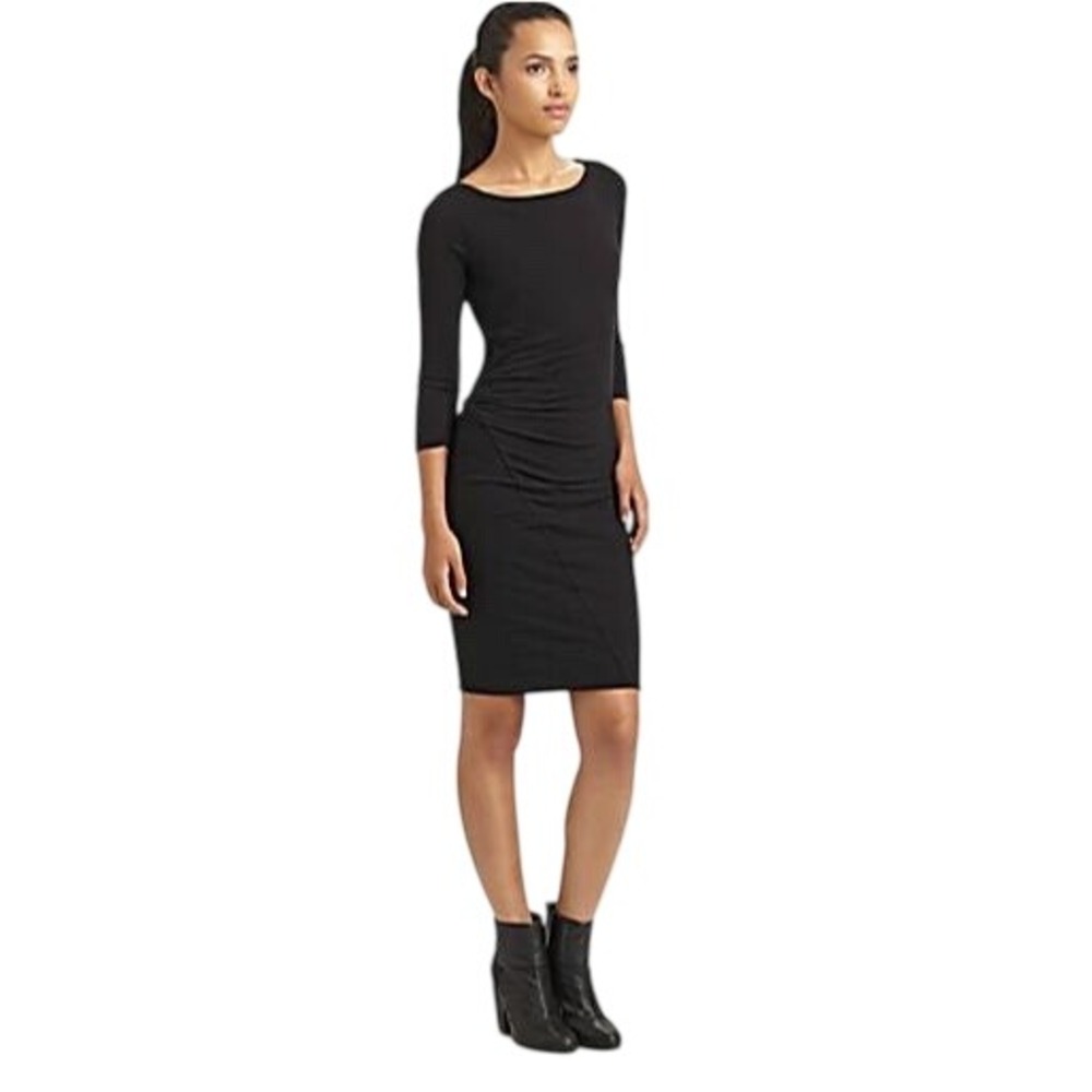 James Perse‎ Knit Boatneck Dress Black Ruched Midi Made in USA
